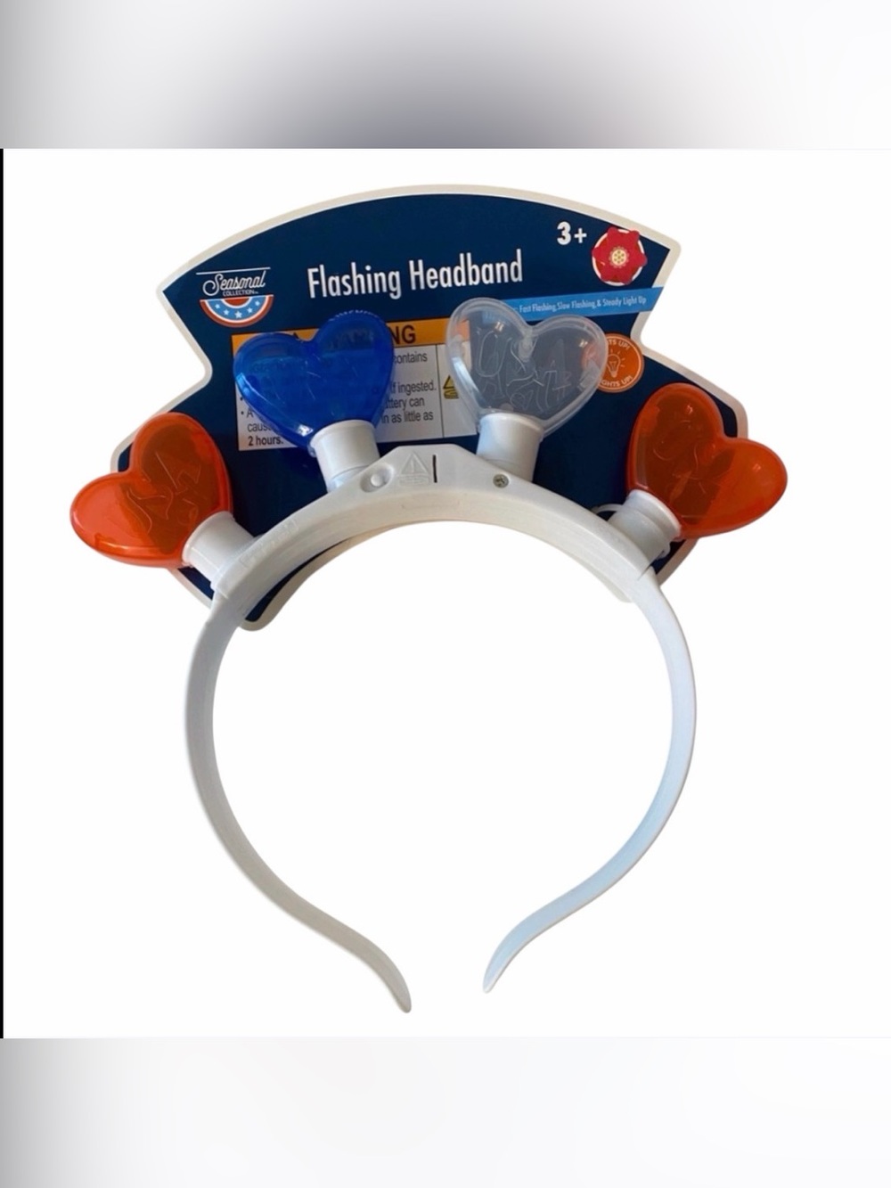 Patriotic Flashing Hearts Headband - Blue, Red, White